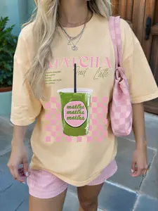 Pink checkered matcha latte T-shirt | Summer casual T-shirt for coffee lovers, #matcha T-shirt #matcha lovers #iced latte T-shirt #pink checkered #Y2K fashion #loose T-shirt #coffee lovers T-shirt #summer casual