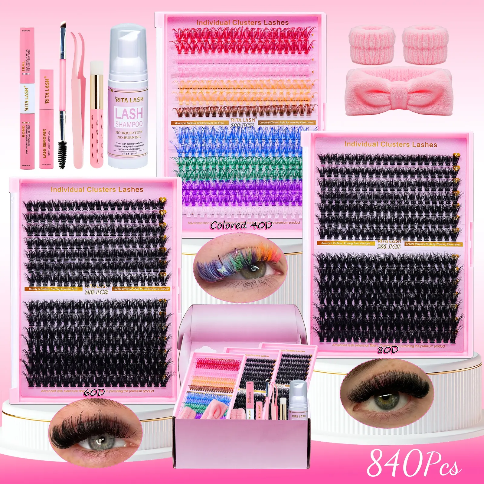 RITALASH 840Pcs Lash Clusters Kit False Eyelash Extensions D Curl Wispy Individual Fake Eyelashes, Fluffy Cluster Eyelash, Volume Studio Effect, Individual Lashes, Wholesale Large Pack with Glue&Seal|Tweezers|Removers|Cleanser, Eyelash Extensions Set