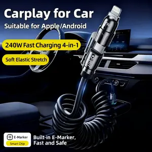 USB-C Car Retractable Spring Data Line, Retractable Cable Design, Type C Charging, Pd240w Super Fast Charging, Zinc Alloy Charger Cable for Mobile Apple Huawei Xiaomi Android Devices