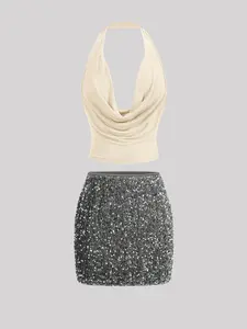 Women's Ruffled Neck Halter Shiny Sequin Bodycon Skirt Set, Elegant, Temperamental & Sexy Style, Perfect for Christmas, Music Festivals, Valentine's Day, Parties, Gatherings, Cocktail Parties, Dance Performances & Other Occasions.