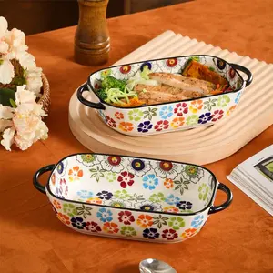 Hand Drawn Ceramic Baking Pan with Handle, Oval Bakeware for Cooking, Salad Barbecue, Cheese Baked Rice Pan, Casserole Dish for Kitchen