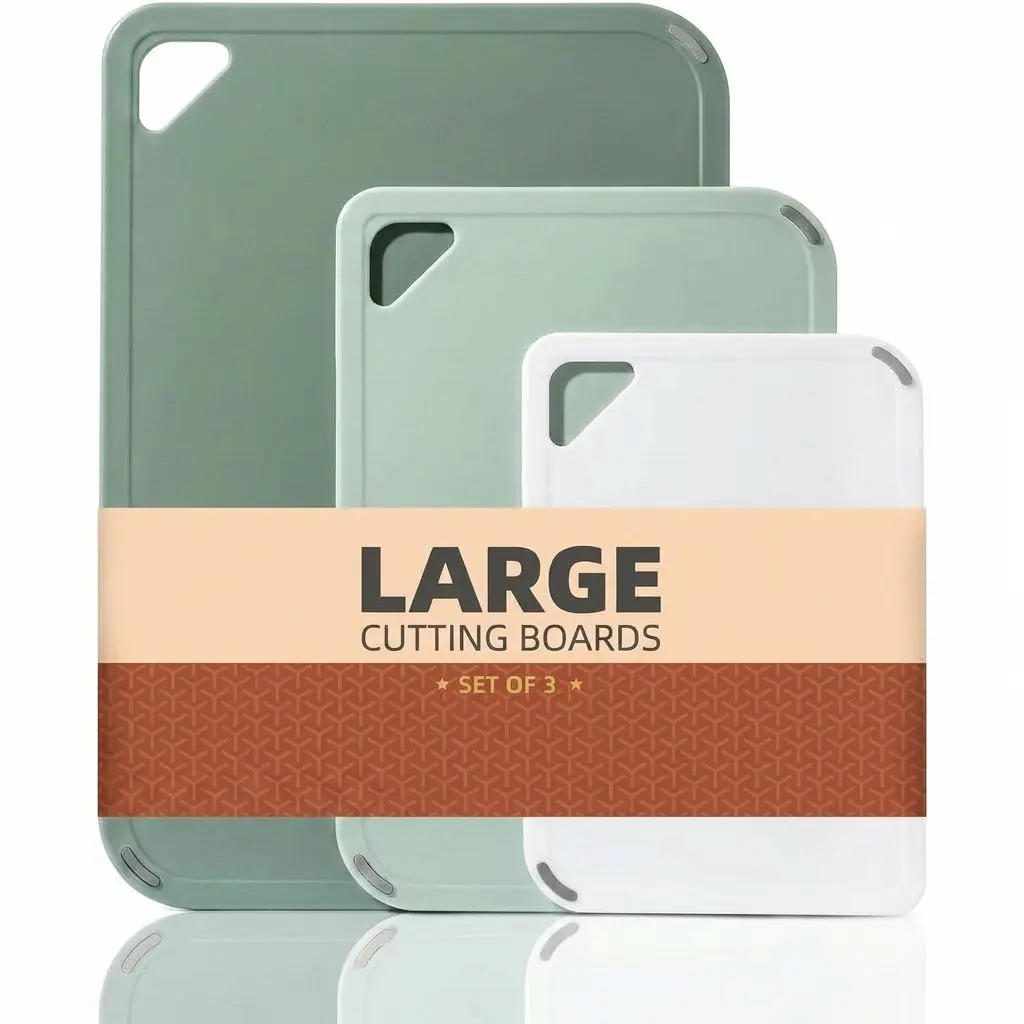 3-Piece Multi-Size Kitchen Chopping Boards Set - Reversible, Non-Slip Surface, Raw-Safe Side - Easy-Store Hanging Handles for Cooking, Camping