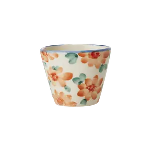 Ceramic Oval Espresso Cup with Hand Painted Orange Flowers - 2.4 oz