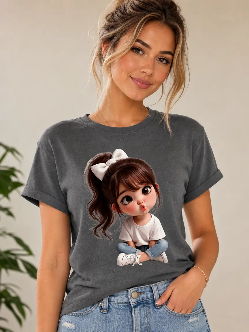 Women's Short-Sleeve Organic Cotton Fitted Casual T-Shirt - White, Cute Bow Ponytail Girl Blowing Kiss Print, Cross-Legged Design Top, Shortsleeve, Tops