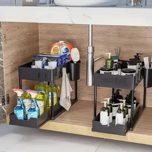1pc Under Sink Organizer With Sliding Drawer, 2-Tier Sliding Cabinet Basket, Bathroom Kitchen Cabinet Organizer With Hooks, Storage Cup, Home Kitchen Accessories, Bathroom Organization