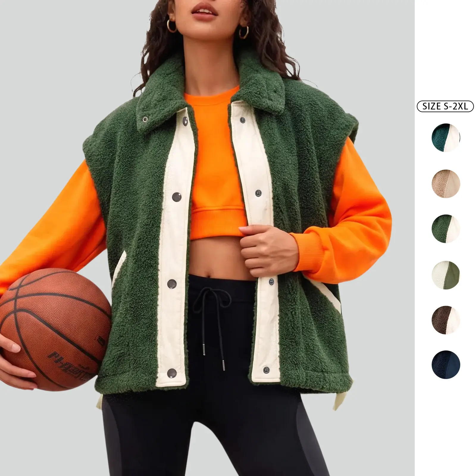 Imily Bela Women's Sherpa Fleece Vest Colorblock Stand Collar Oversized Sleeveless Jacket