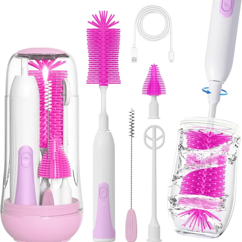 Infant Rechargeable Waterproof Electric Bottlewasher Kit - Baby Items with Food-Grade Silicone Nipple/Straw Brushes, Drying Rack, Soap Dispenser, Compact Storage Box, Mom Life Saver for Newborn Home Use (Aluminum-Free, Deep Bottle Scrub)