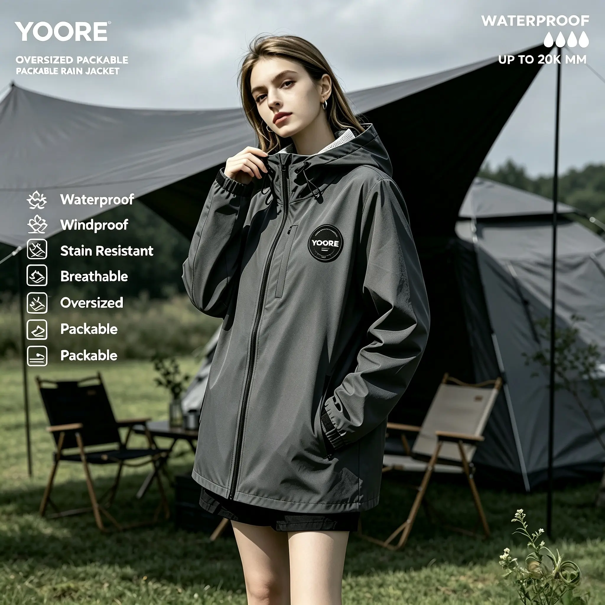 YOORE Women’s Waterproof Hard Shell Rain Jacket,Windproof Hooded Shell Coat,Adjustable Hood & Cuffs,Full Zip,Lightweight Outerwear for Dog Walking,School Running,Football Mum,Hiking Daily Wear