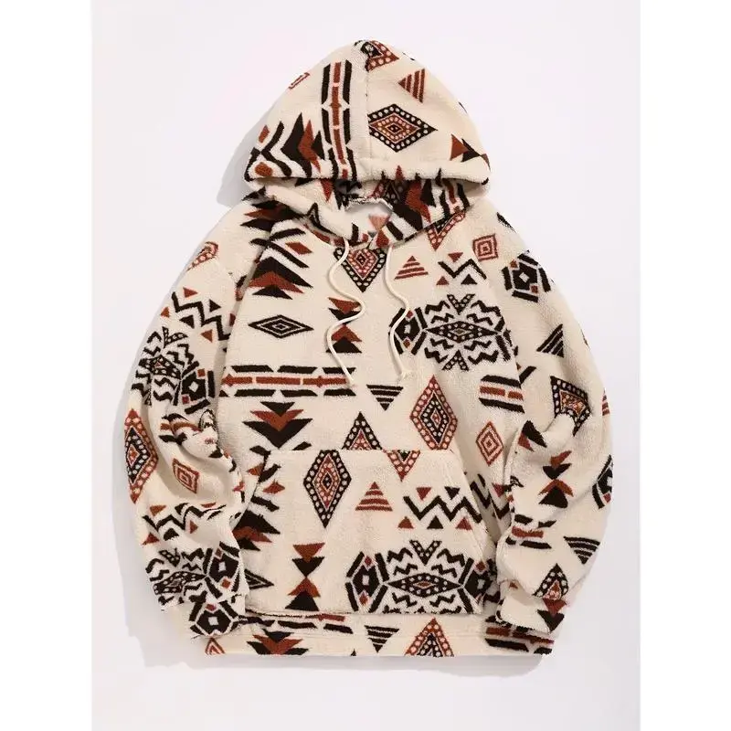 Ethnic Style Geometric Pattern, Men's Loose Polar Fleece Hoodie For Winter & Fall, Hooded Sweatshirt With Drawstring And Kangaroo Pocket Ethnic Style Geometric Pattern, Men's Loose Polar Fleece Hoodie For Winter & Fall, Hooded Sweatshirt With Drawstring And Kangaroo Pocket