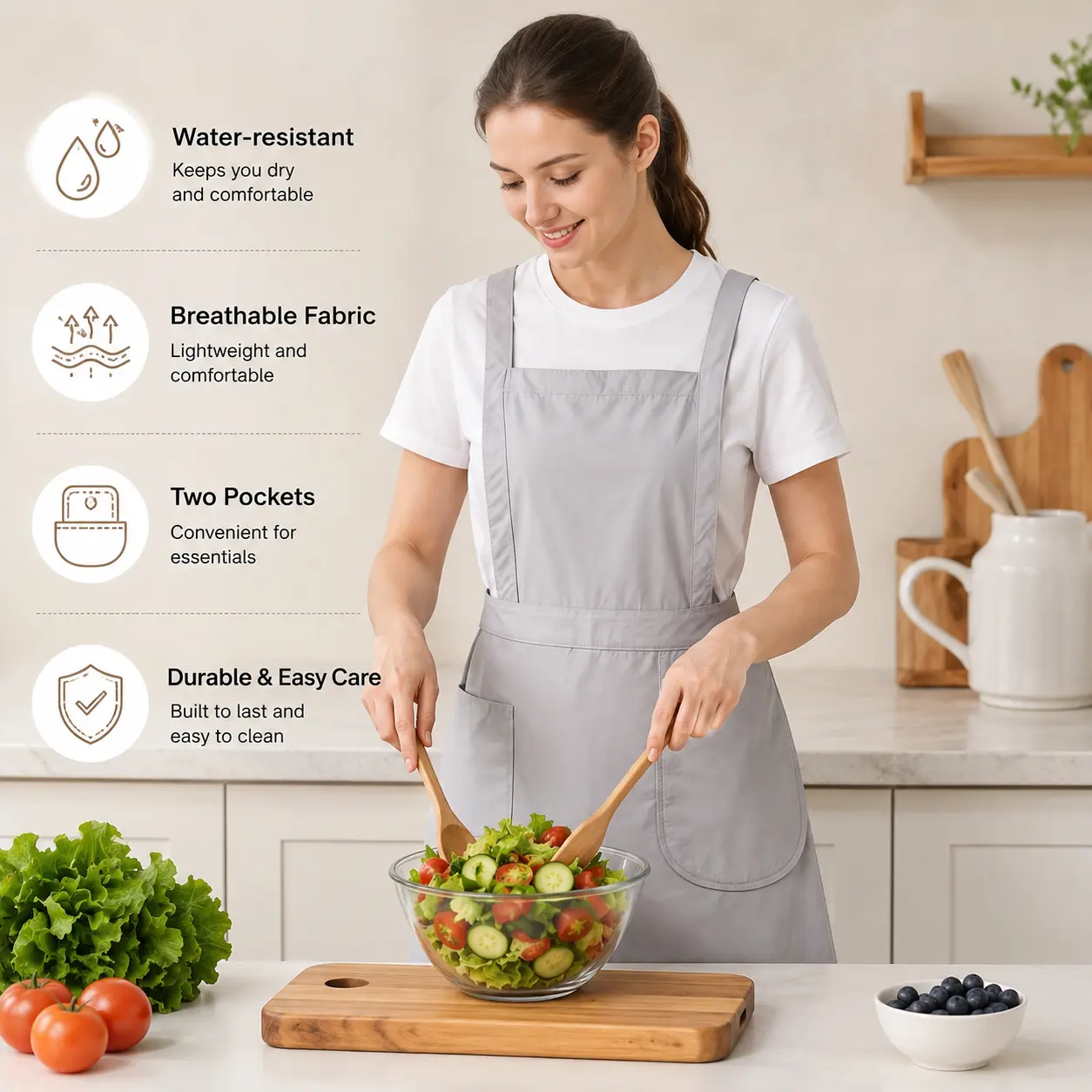 Gray Waterproof Breathable Apron, with Large Pockets and Built-in Hand Wipe Cloth, for Kitchen Cooking Baking Daily Household Use