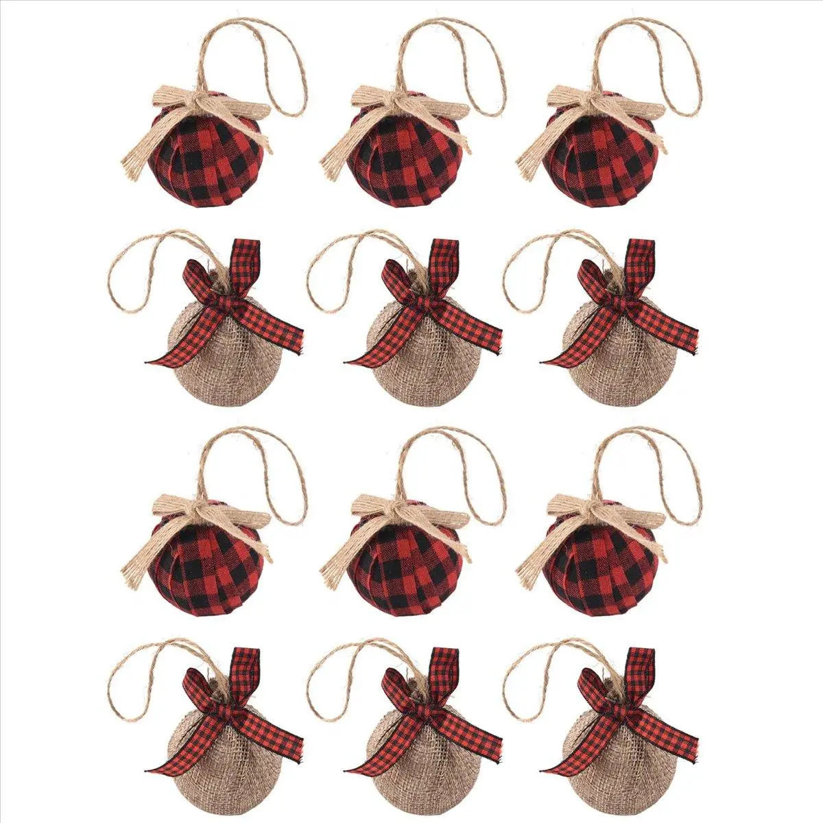 12 Christmas Hanging Ornaments, Rustic Burlap Cloth Decorative Round Ornaments - 2.5in/6cm Diameter, Red-Black Buffalo Plaid Stitching, Bowtie Top, Lightweight Natural Holiday Accents