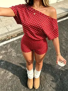 Women's 2 Piece Outfit, Polka Dot off Shoulder Short Sleeve Top & Shorts, Casual Slim-Fit Summer Loungewear, Comfortable Tracksuit for Women