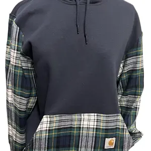 Carhartt flannel hoodie rework size small , navy and tartan plaids