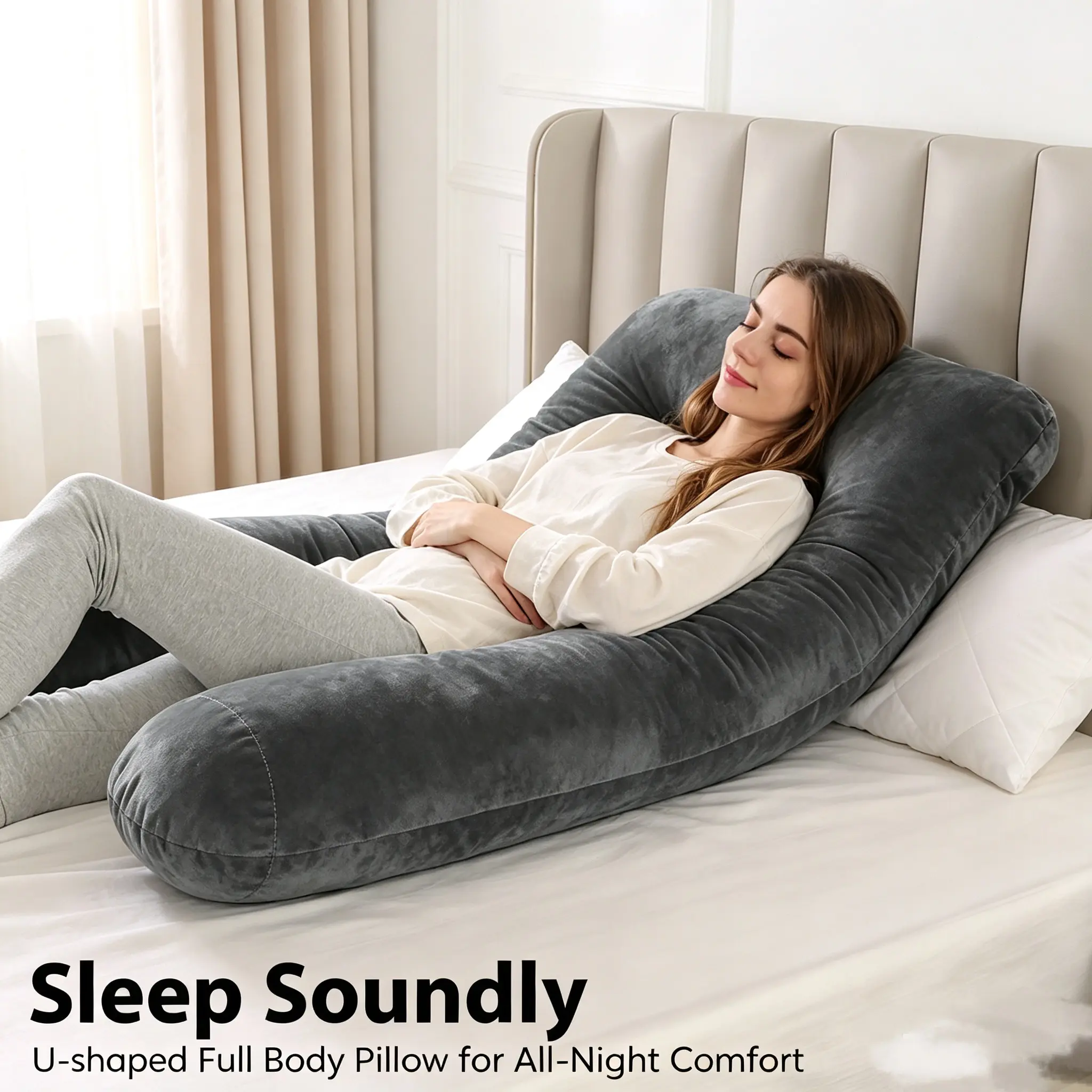 U-Shaped Dark Grey Velvet Supportive Pregnancy Body Pillow - Full Body Support for Side Sleeping Pregnant Moms, Unisex Pillows for Sleeping, Mom Stuff Home Supplies Gift