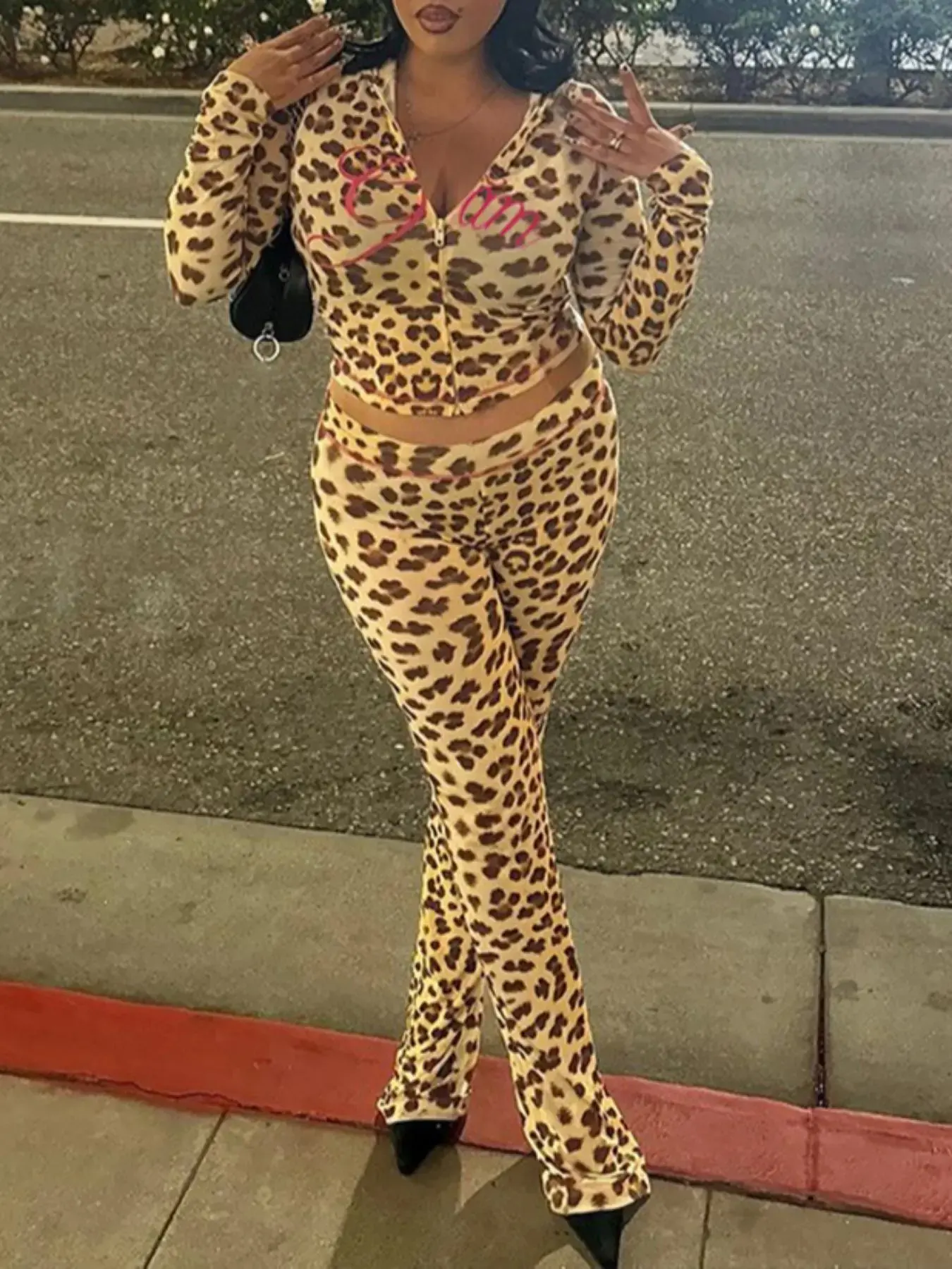 Two-Piece Set Women's Leopard Letter Print Zip Up Long Sleeve Crop Hoodie & High Waist Skinny Pants, Casual Fashion Cozy Breathable Two Piece Outfits for Daily Outdoor Wear, Women Clothes for Fall & Winter