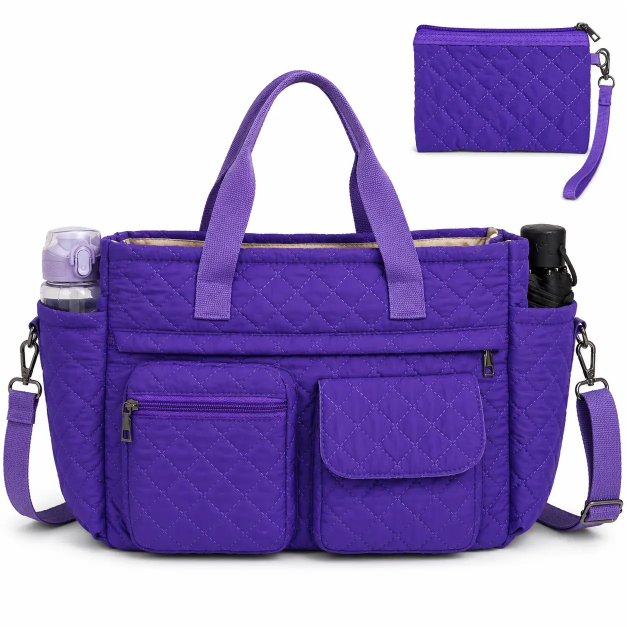 Quilted Tote Bag for Women with Matching Pouch, Large Capacity Travel Shoulder Bag, Multi Pocket Crossbody Tote, Water Resistant Nylon Work Bag Trendy Bag for Daily Commute, Travel, Gym, Campus