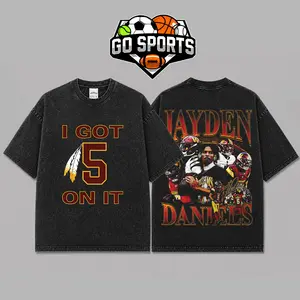 [Go-Sports] Jayden Daniels 'I Got 5 On It' Graphic Premium Acid Washed Cotton T-Shirt, Burgundy and Gold Apparel, Commanders Fans Football Streetwear Tee, Gift For Football Fan Graphic Tee T-Shirt