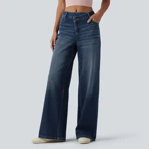 Halara Flex™ Asymmetric Mid Rise Wide Leg Casual Jeans with Pockets