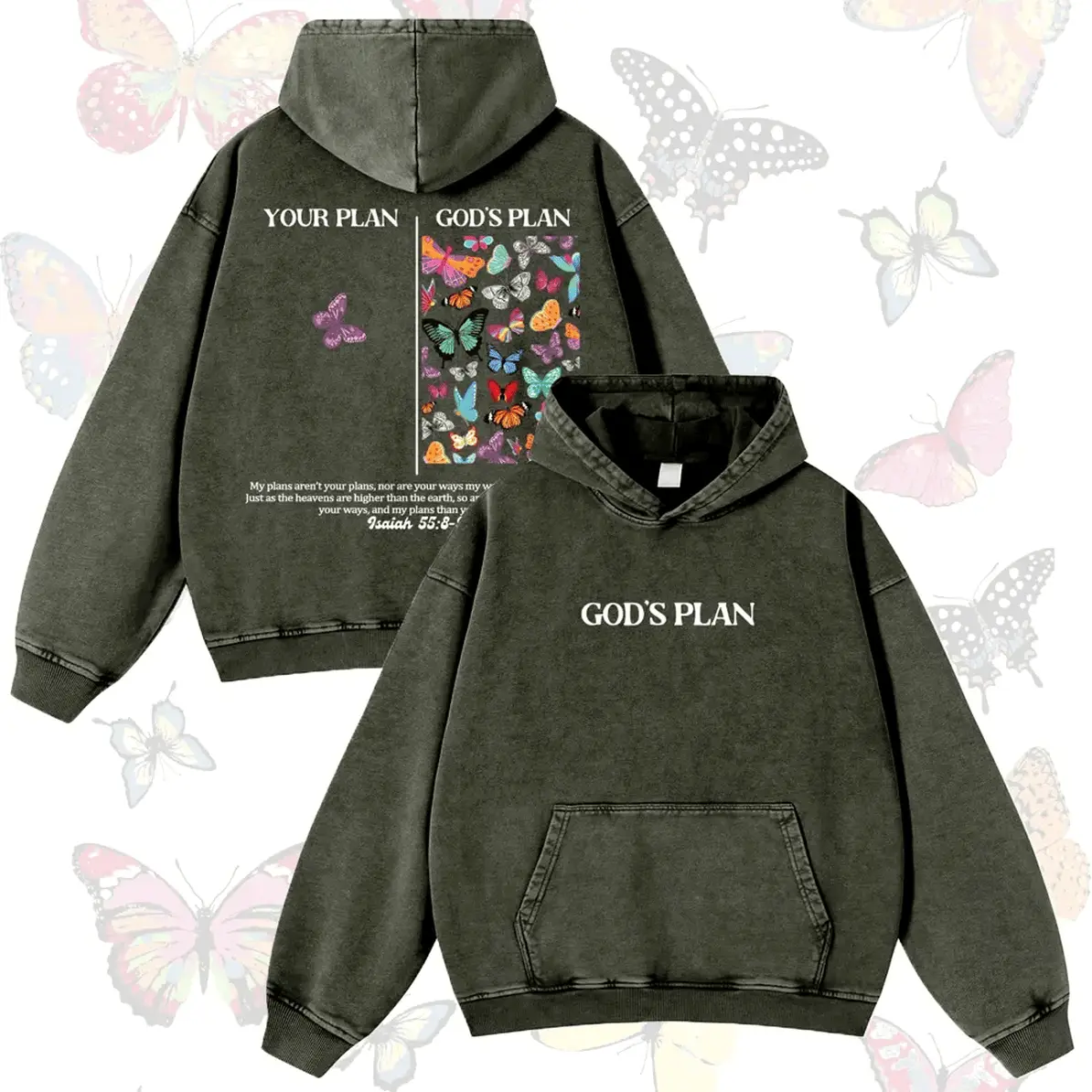 Jesus Butterflies God‘s Plan 380g Autumn Vintage ed Hoodie Graphic Sweatshirt Unsex Hoodie Hoodied Cotton All Gender