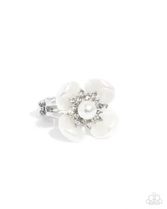 Unmatched Elegance - White Rhinestone Pearl Flower Silver Ring - Paparazzi