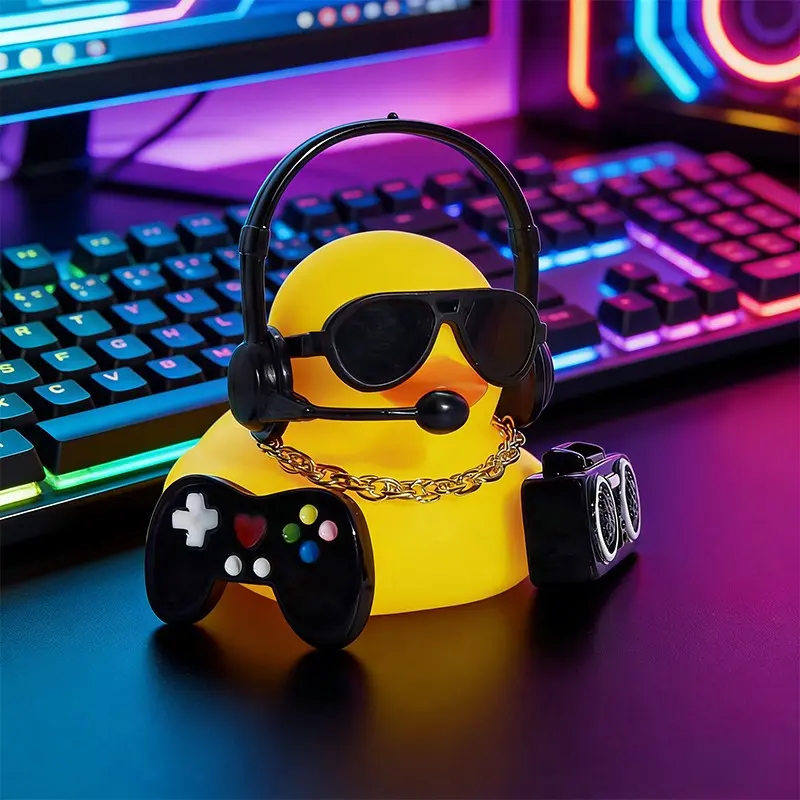 Car Decor Set - Hip Hop Duck Dashboard Ornament, Cute Fashion Glasses and Earphone Statues, Includes Necklace, Controller, Radio, Sticky Pads, Decoration, Car Decorations Interior