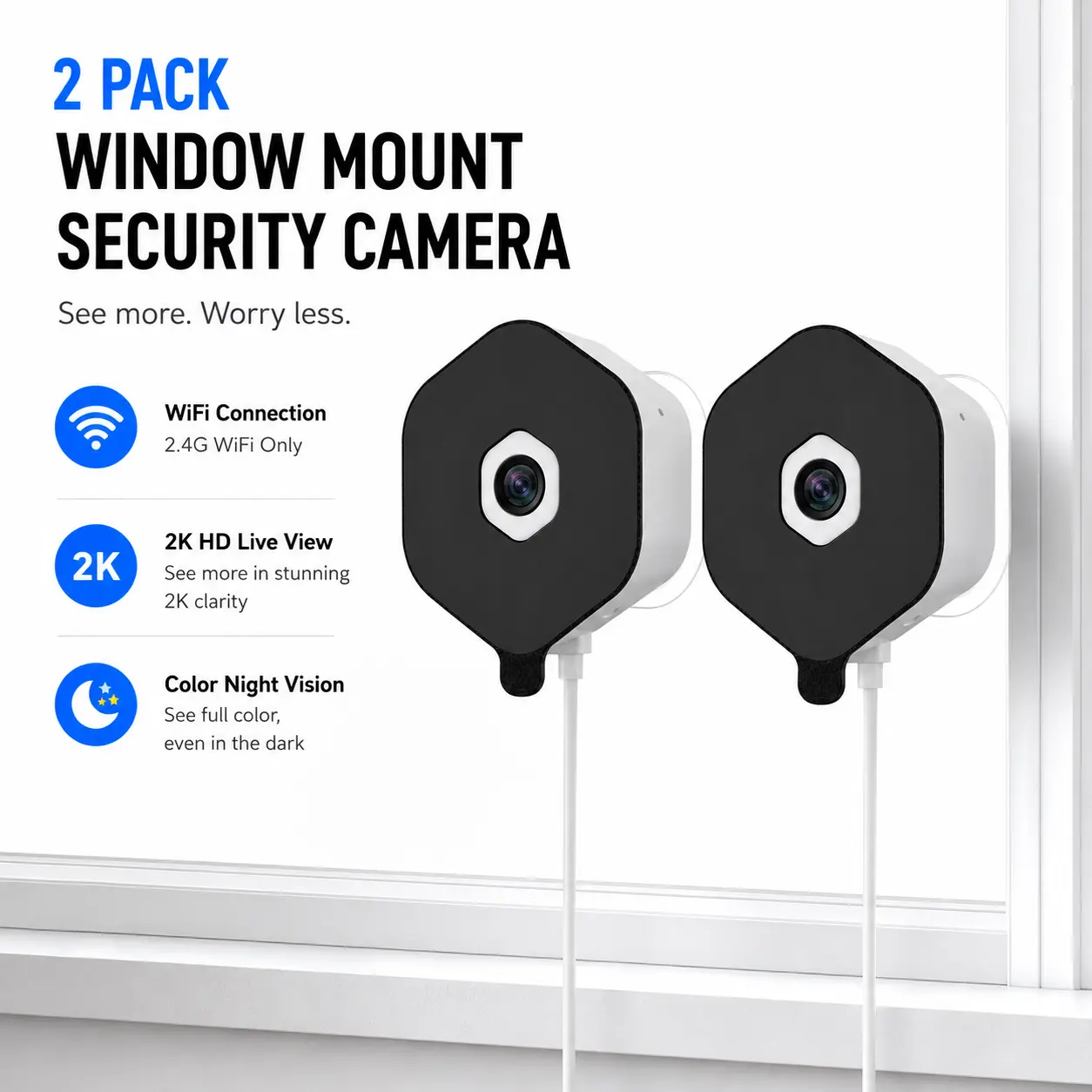 SECKUN 2-Pack Portable Window Security Cameras - 2.4GHz Wi-Fi HD Indoor Cameras with Local Card Monitoring, AI Night View, Motion Sensor, Person Detection, 24/7 Recording, Easy & Quick Install, Sd