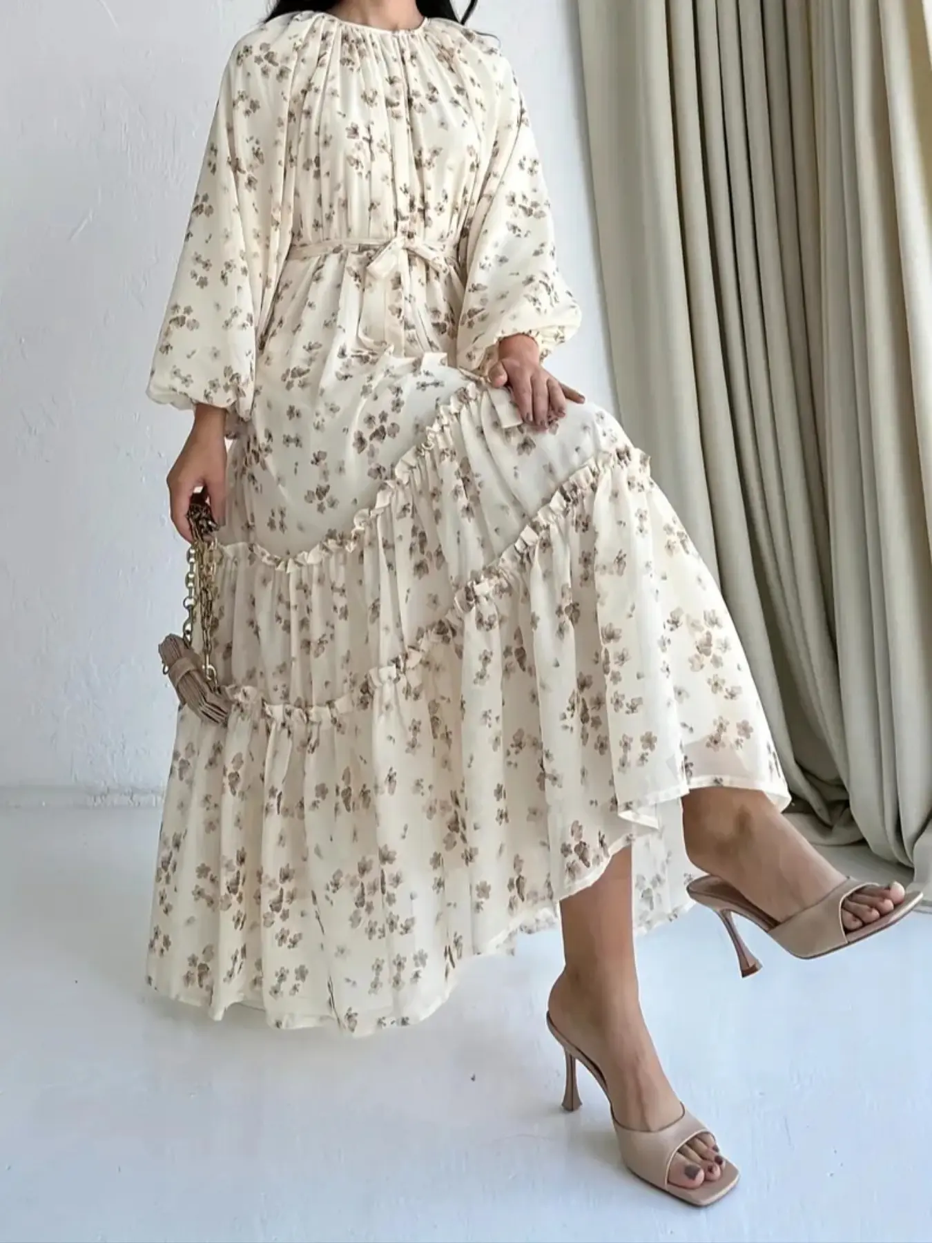 Elegant Long Sleeve Ditsy Floral Loose Fit Women's Arab Dress, Woven Fabric, Plain Pattern, Moderate Thickness, All Seasons Wear, Casual Wear, Womenswear, Boho Flowy Dress, Boho Cottagecore Style, Bohemian Maxi Dress