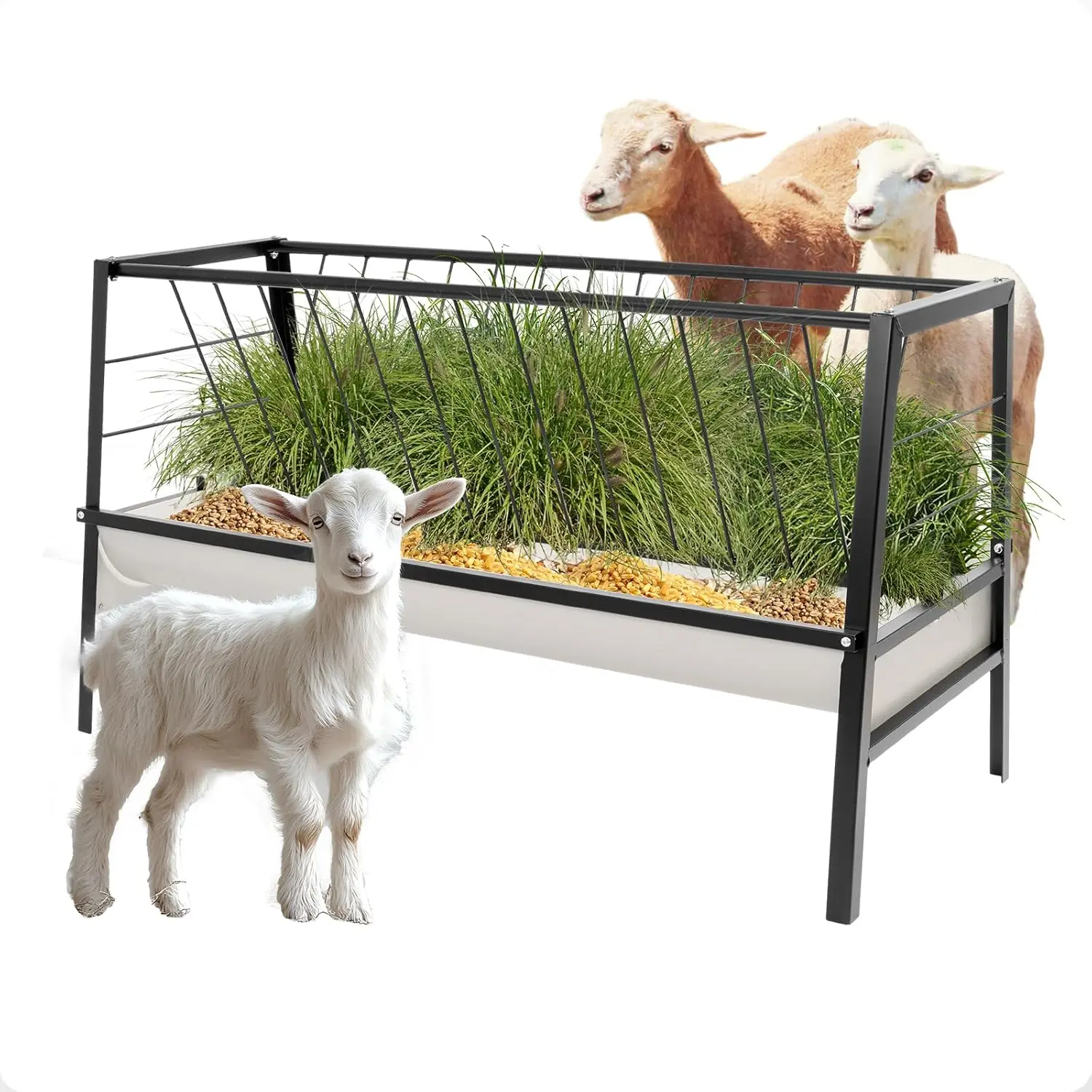 Pasture Hay Feeder 2 in 1 55 Gallon Livestock Feed Trough with 22 Gallon Feed Pan Hay Grain Livestock Feeder for Sheep, Calf, Cow and Horse Animal Feeding