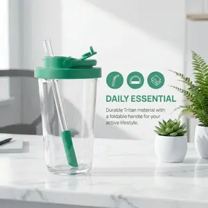 Large Capacity Handle Straw Cup 24oz Plastic Water Bottle, Reusable Multi-Color Cute Drink Cup Coffee Cup Outdoor Cup - Seaweed Green 009