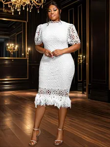 Am040325 Women's Plus Size Lace High Neck Puff Sleeve, Elegant Chic Formal Bodycon Dress for Special Occasions, Fashionable European Style