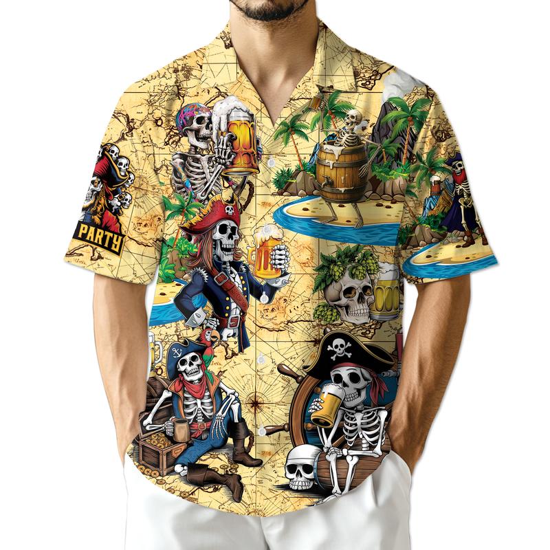 Aloha Skull Pirates Drinking Beer Hawaiian Shirt for Men, Button Down Summer Beach Short Sleeve, Hawaiian Shirt Casual Tropical