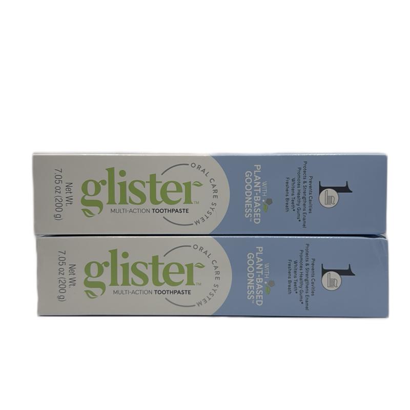 GLISTER Toothpaste with Plant-Based Goodness Multi Action toothpaste, pack of two.