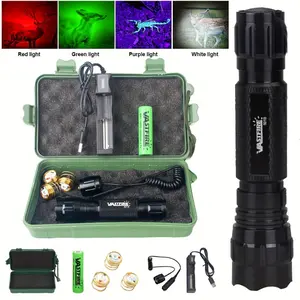 Range 350 Yards Powerful Flashlight, Super Bright 4 Colors Red, Green, White Light 395nm Purple Blacklight Flashlight Torch, High Lumens Power For Night Hunting, Outdoor, Fishing, Camping, With Rechargeable Battery Remote Control Switch Gif