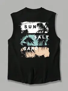 Unisex Tropical Beach Coconut Tree Slogan Graphic Print Sleeveless Vest, Breathable Casual Vacation Style, Summer Sea Fitness Fashion Streetwear