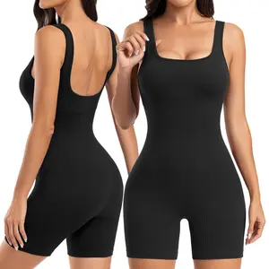 SeSe Code Store Women's Jumpsuit Built-In Bra Ribbed Sleeveless Short Romper