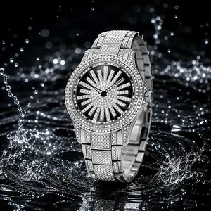 Men’s 46mm Rotating Dial Iced Out Watch Full Diamond Bustdown Hip Hop Bling Quartz Watch for Men Luxury Stainless Steel Wristwatch Starburst Dial Party Jewelry Gift