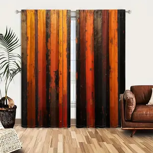 2pcs Window Curtains, A rustic wall of vertical wooden planks featuring distressed, peeling paint in alternating orange, black, and reddish-brown stripes.Window Drapes for Bedroom Living Room, Rod Pocket Window Treatment