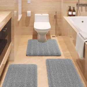 Striped Light Grey Rug Set 3 Pieces Gray Soft, Non Slip Mat, Absorbent Plush Shaggy Bath Mats for, Bedroom,