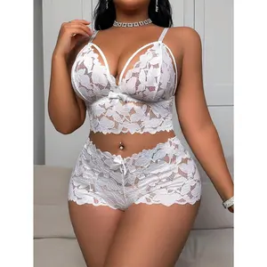 Romantic Floral Lace Lingerie Set Plus Size Curvy Valentine Day Gift For Her High Waisted Shorts Two Piece Nightwear Wireless Deep V Neck Bra Sheer Scalloped Trim Sleepwear Boudoir Photoshoot Outfit Comfortable Soft Intimates