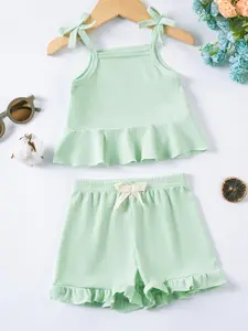 Summer Baby Girl Bow Tie Thin Casual Vest Top Lace Trim Shorts Set, Pure Color Sweet Style, Fitted Short Pants, Baby Clothing