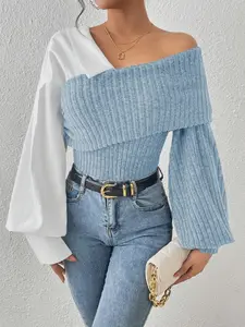 Essnce Two Tone Foldover Asymmetrical Neck Lantern Sleeve Top, Stylish Women's Fashion, Unique Design, Perfect for Casual Wear
