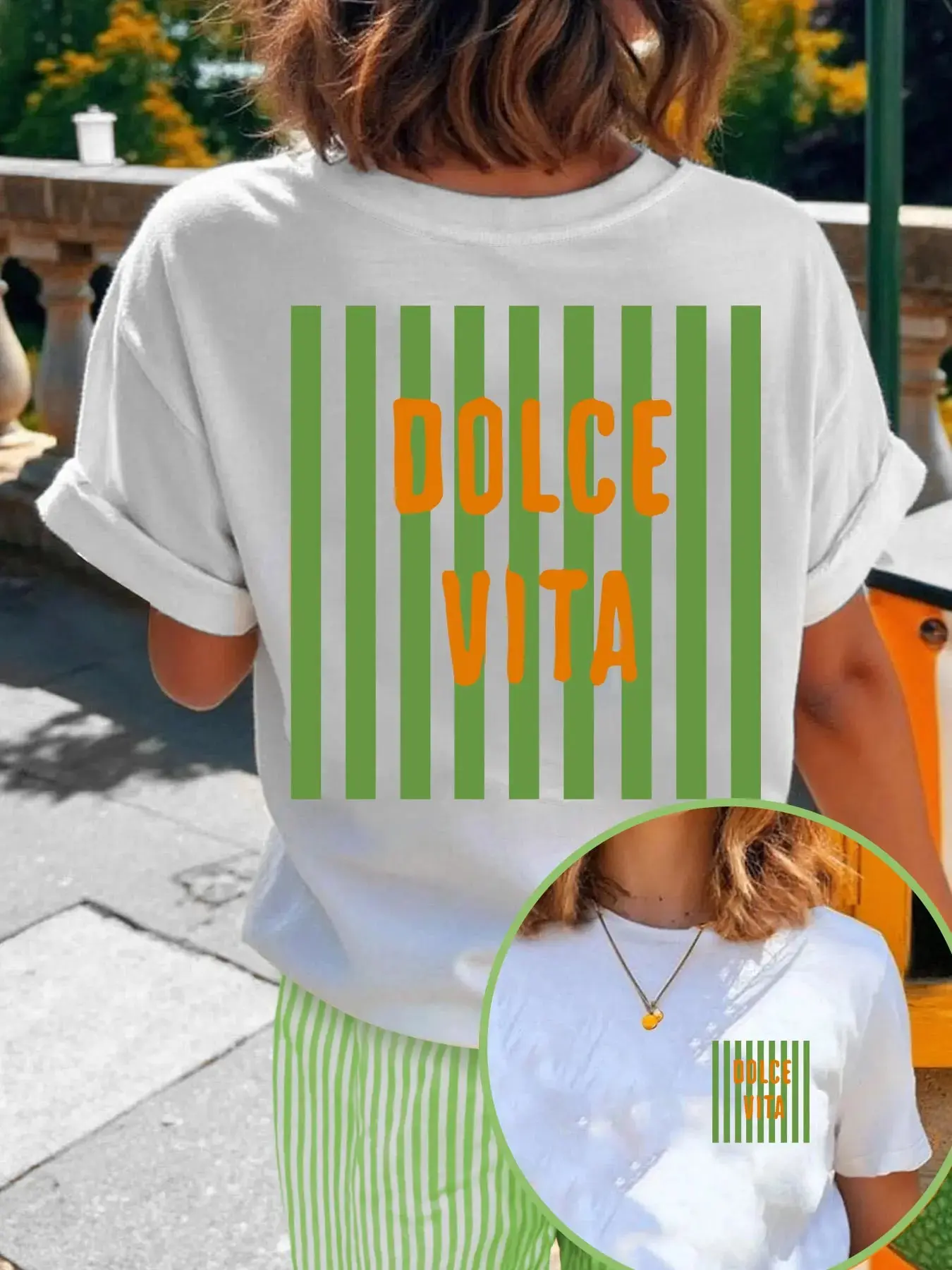 Women's striped lemon print T-shirt, a stylish and casual tee perfect for summer, the beach, and campus wear. Cute clothes for women.