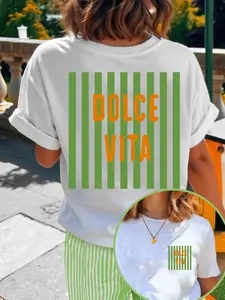 Women's striped lemon print Graphics T-shirt, a stylish and casual fitted tee perfect for summer, the beach, and campus wear. Cute clothes for women.