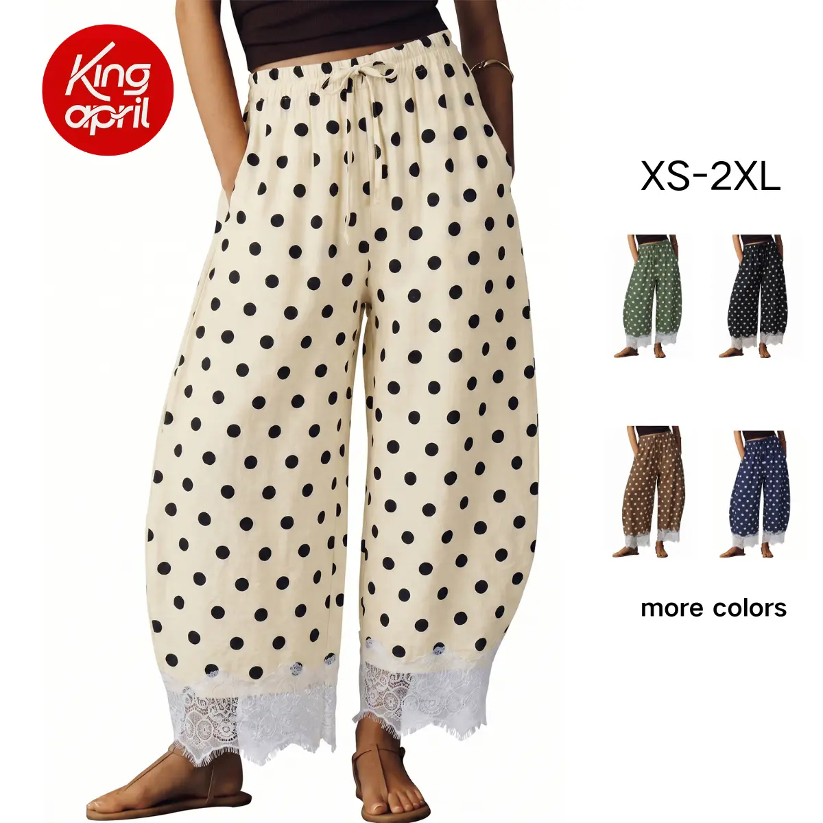 Kingapril Womens Polka Dot Wide Leg Palazzo Pants High Waisted Summer Lace Trim Cropped Baggy Trousers with Pockets,back to school shopping,clothes for back to school,first day of school outfits