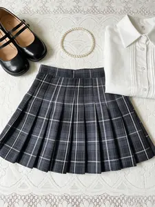 Charcoal Plaid Pleated Skirt, Womenswear, Versatile A-Line Design, Elegant Loose-Fitting, All Seasons Wear, Must-Have Wardrobe Essential, Pleated Detailing
