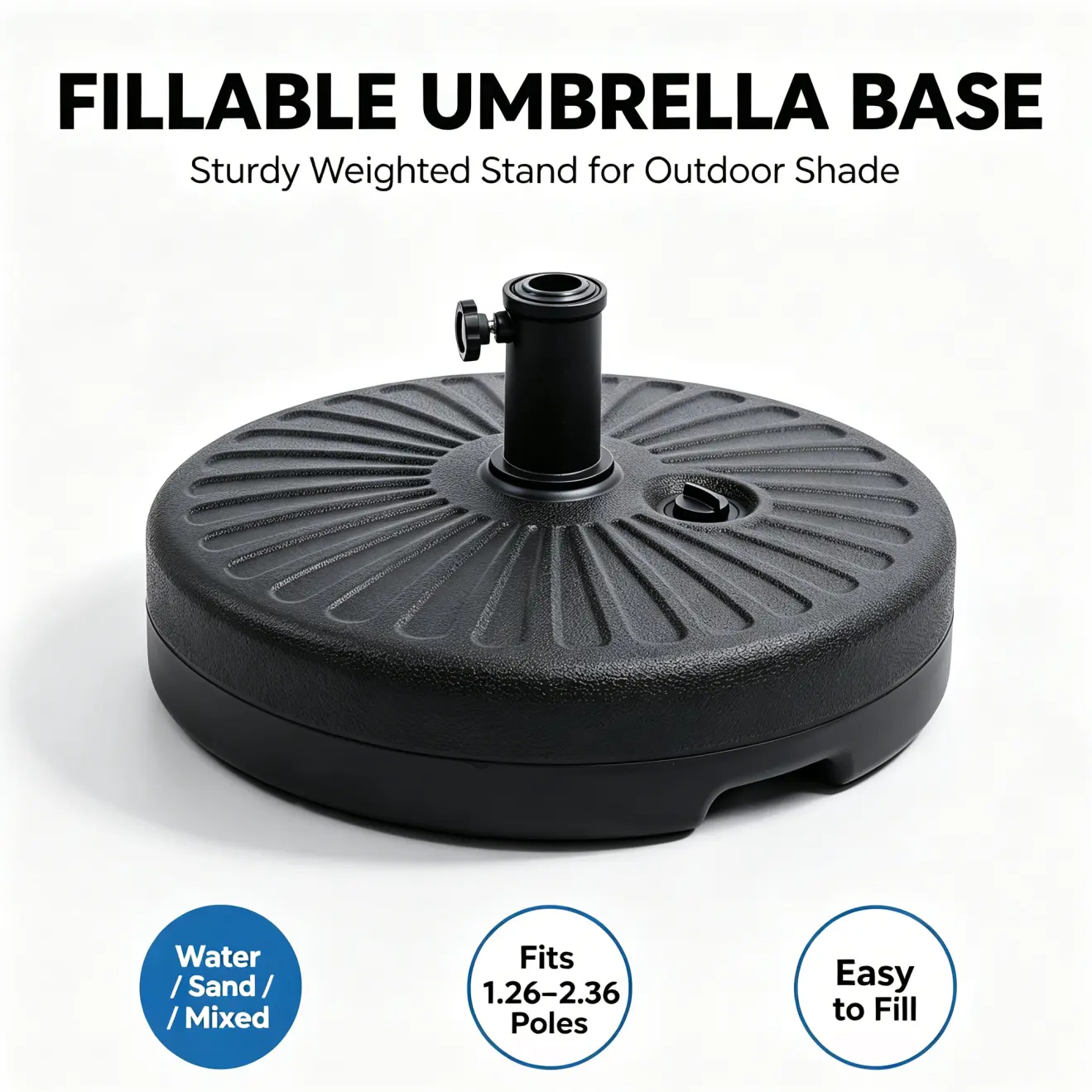 Fillable Umbrella Base Stand, 50cm Heavy Duty Weighted Parasol Base with 3 Adapters, Fits 1.26" / 1.5" / 1.98" Poles, Water / Sand / Mixed Fillable Outdoor Umbrella Stand for Patio, Pool, Garden and Beach