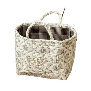 Vintage Floral Storage Basket with Handle, Quilted Foldable Organizer for Snack Clothes Toys