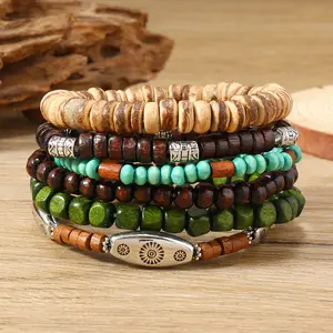 6pcs Set of Minimalist Bohemian Style Coconut Wood Bead Elastic Cord Men's Women's Bracelet Bangle Set, Wooden Bead Alloy Multi-layer Elastic Bracelet, Retro Bracelet Set