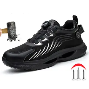 Men's Safety Work Shoes, Sporty Rotating Buckle Design No-Lace Low-Top Casual Sneakers, Comfortable Breathable Slip-On Running Shoes, Anti-Puncture Trendy Daily Wear