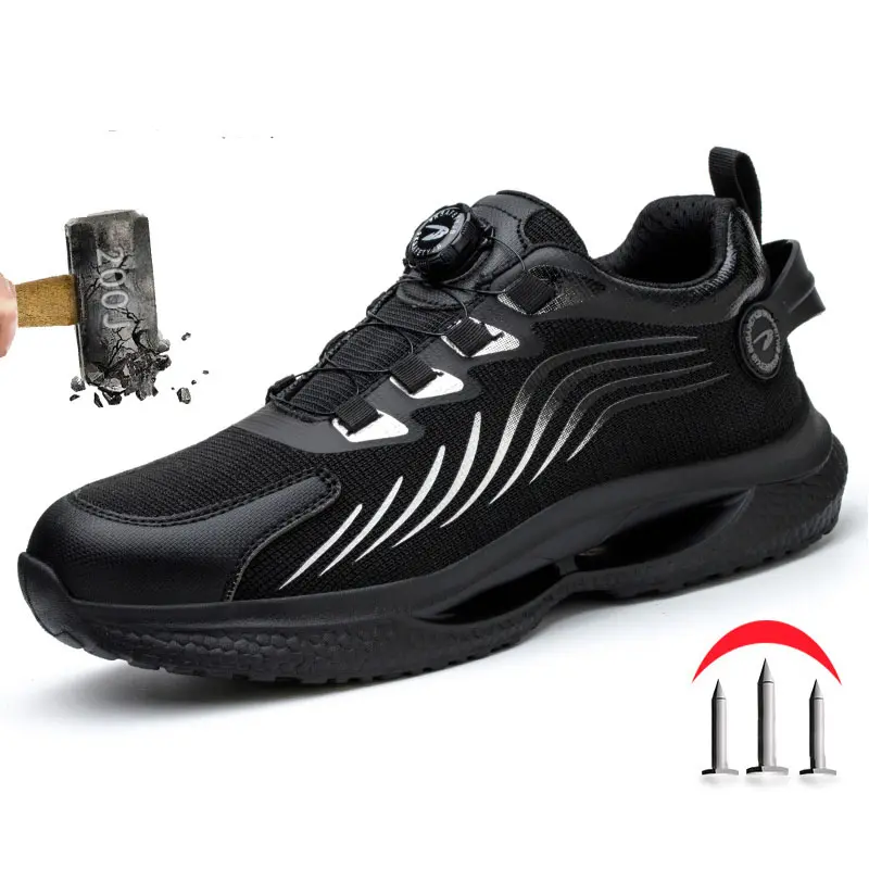 Men's Safety Work Shoes, Sporty Rotating Buckle Design No-Lace Low-Top Casual Sneakers, Comfortable Breathable Slip-On Running Shoes, Anti-Puncture Trendy Daily Wear
